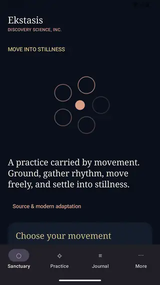 Ekstasis: Home screen. Move into stillness: the movement arc, with standing and seated options.
