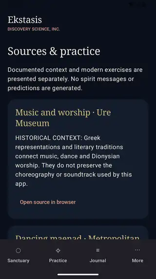 Ekstasis: Sources & practice screen. Museum evidence for music and Dionysian dance, labelled apart from the modern practice.