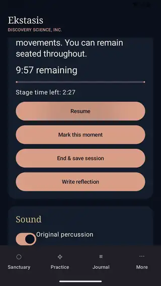 Ekstasis: Practice screen. A paused session, with time remaining, the stage countdown and controls.