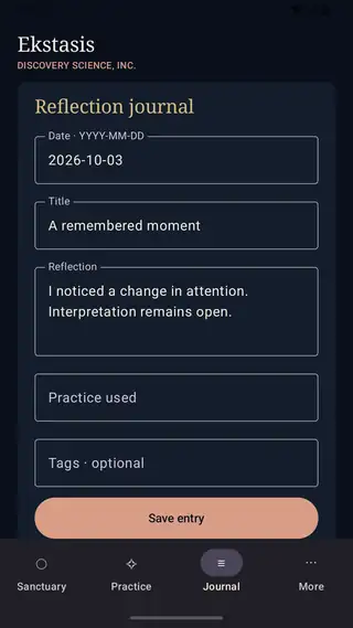 Ekstasis: Journal screen. A demonstration reflection on movement and attention.