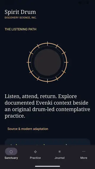 Spirit Drum: Home screen. The listening path: the drum, a source note, and the two practices.