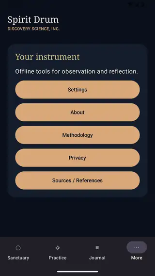 Spirit Drum: More screen. Settings, methodology, privacy and the full sources and references.