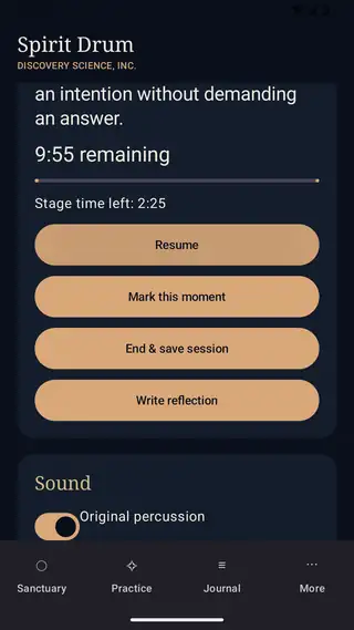 Spirit Drum: Practice screen. A paused session, with time remaining, the stage countdown and audio controls.