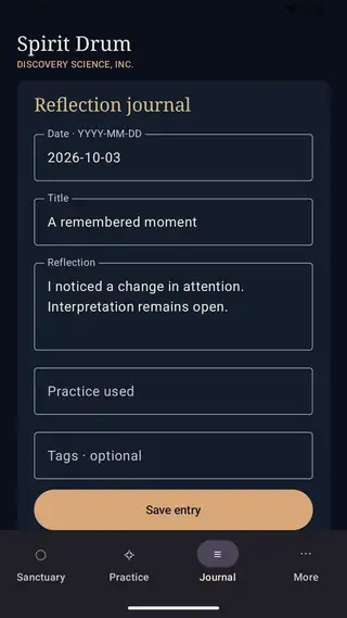 Spirit Drum: Journal screen. A demonstration reflection, saved privately on the device.